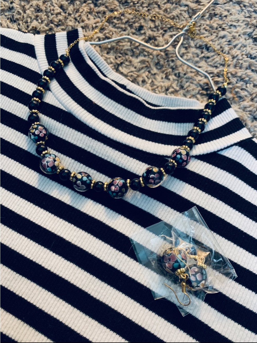 Elegant Black and Gold Glass Beaded Necklace and Earrings Set